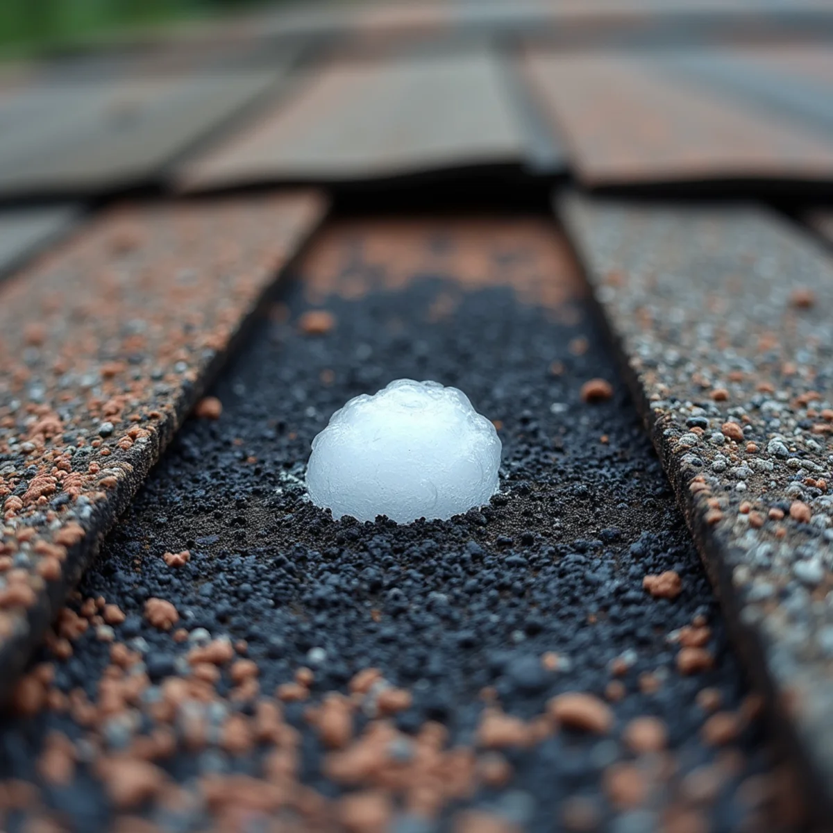 Close-up of asphalt shingle showing dislodged granules and bare black substrate
