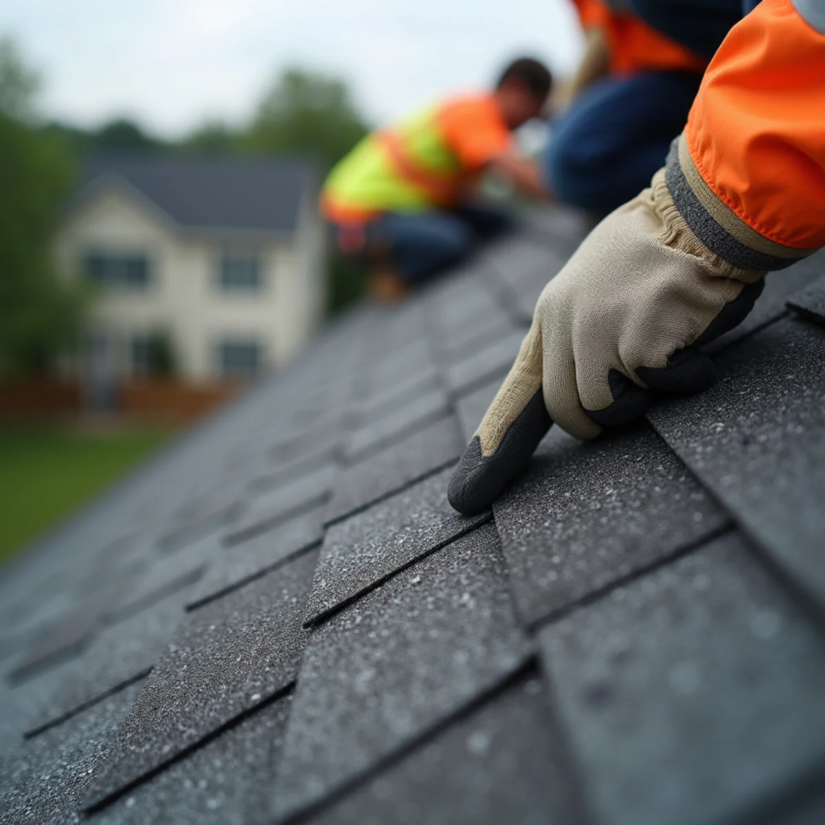 Thumb pressing into bruised spongy shingle with fractured fiberglass matting