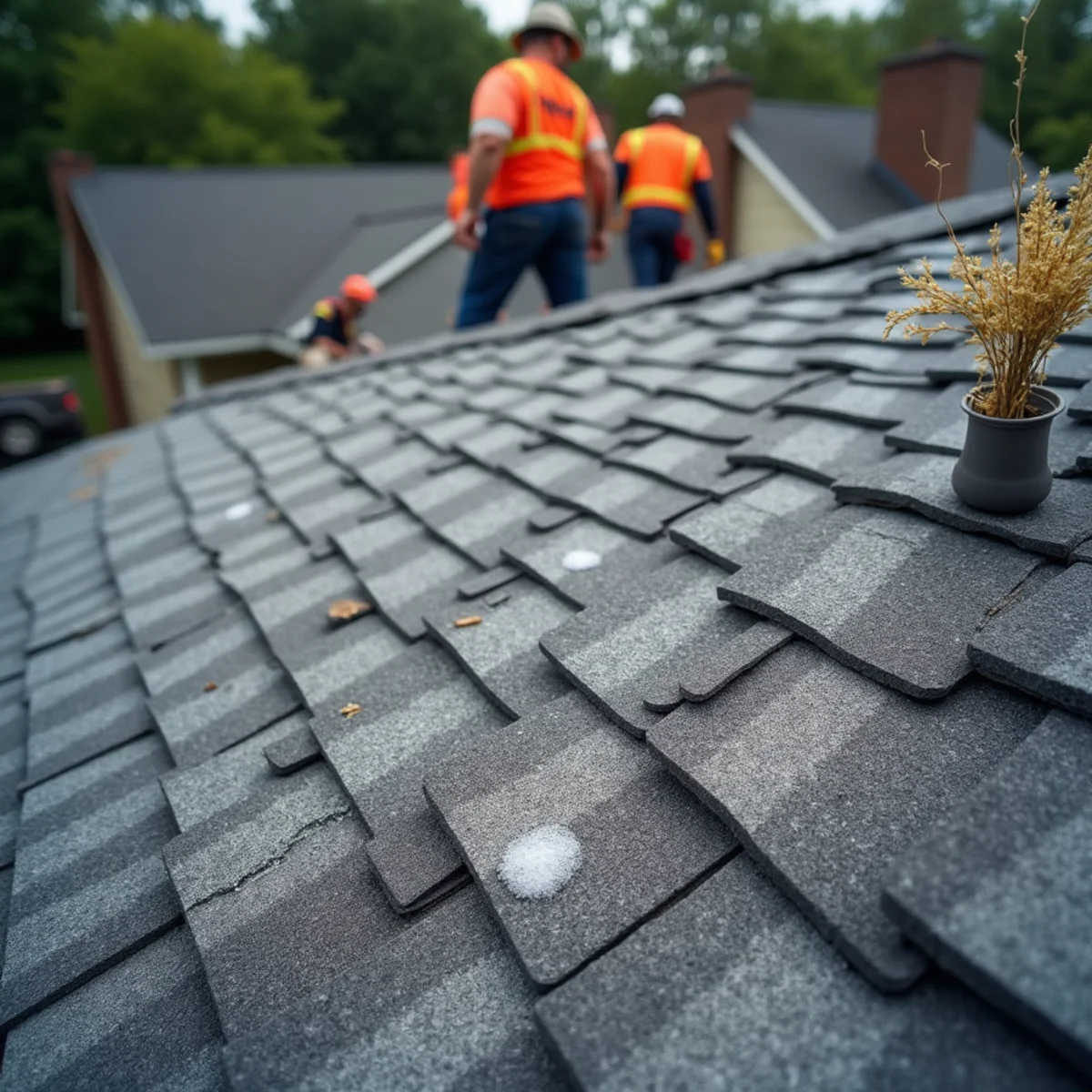 Roof slope showing random distribution pattern of circular hail bruises