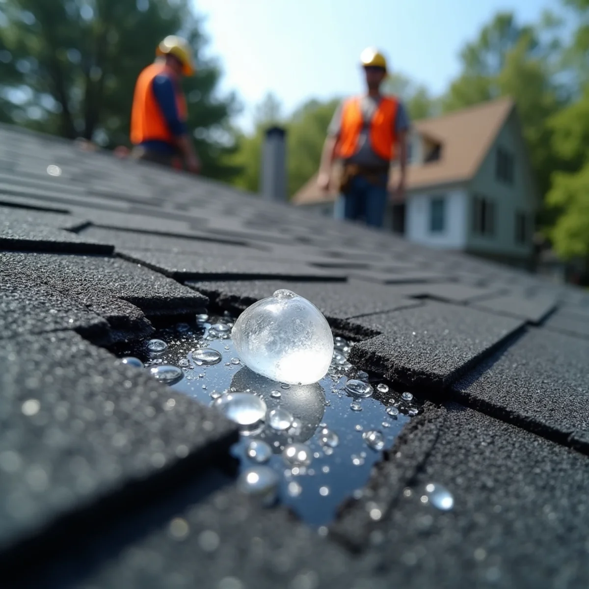 Macro shot of architectural asphalt shingle showing severe hail strike bruising
