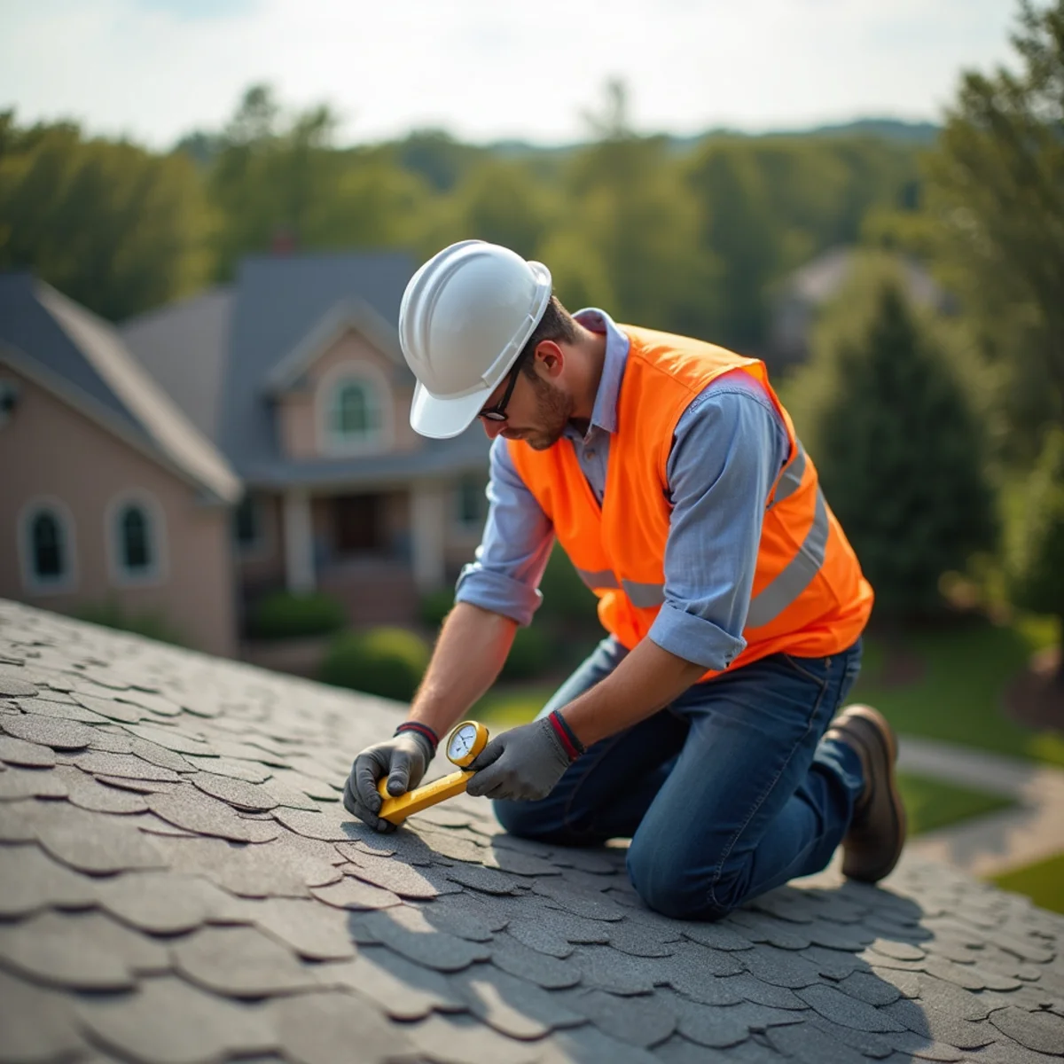 Licensed roofer examining storm damaged roof slope in West Little Rock neighborhood