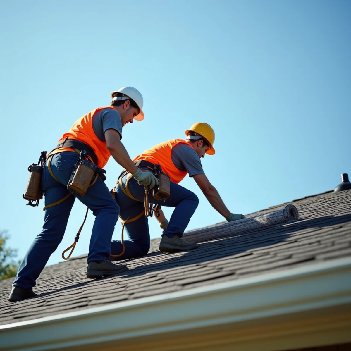 Licensed Arkansas roofing crew in safety harnesses standing on storm-damaged roof in Little Rock