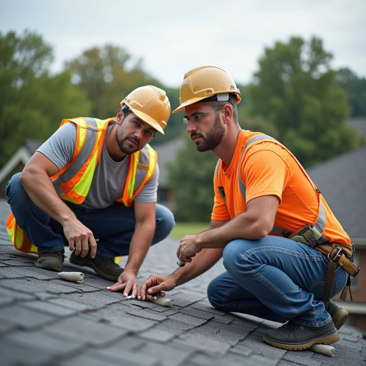 Little Rock roofing specialist pointing out hail fractures to insurance adjuster