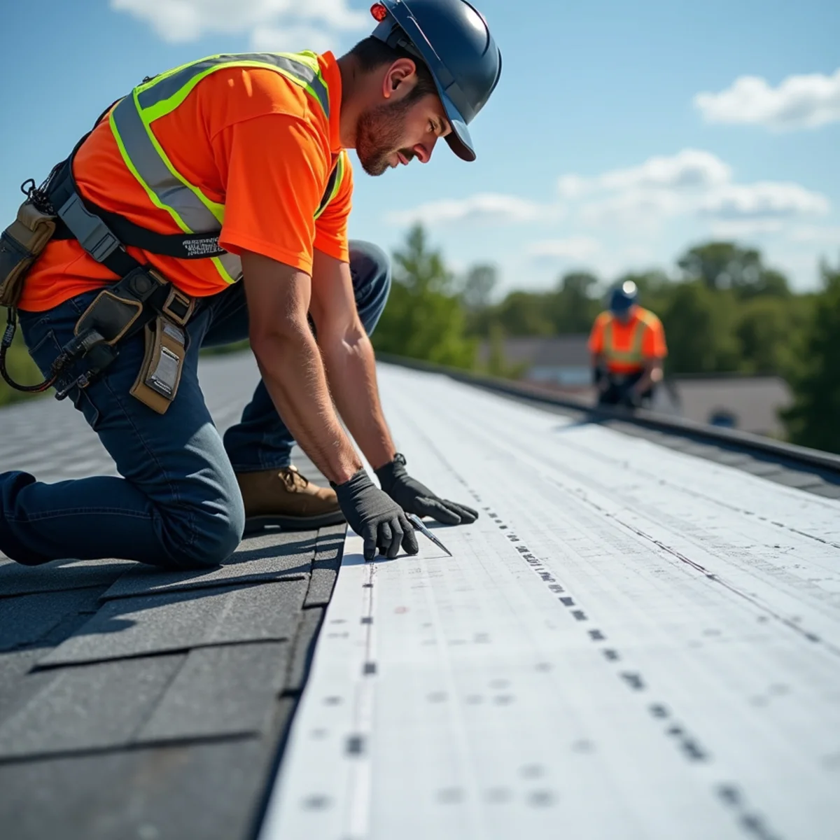 Roofers rolling heavy synthetic water barrier underlayment across roof deck
