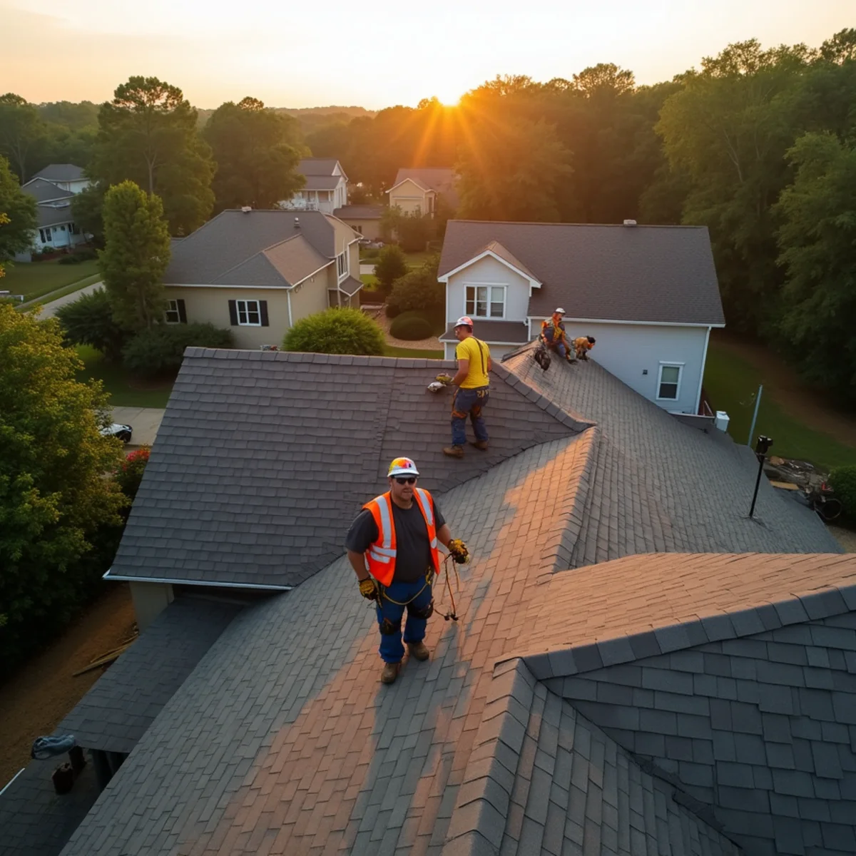 Service vehicle and roofing inspection crew navigating Central Arkansas neighborhoods