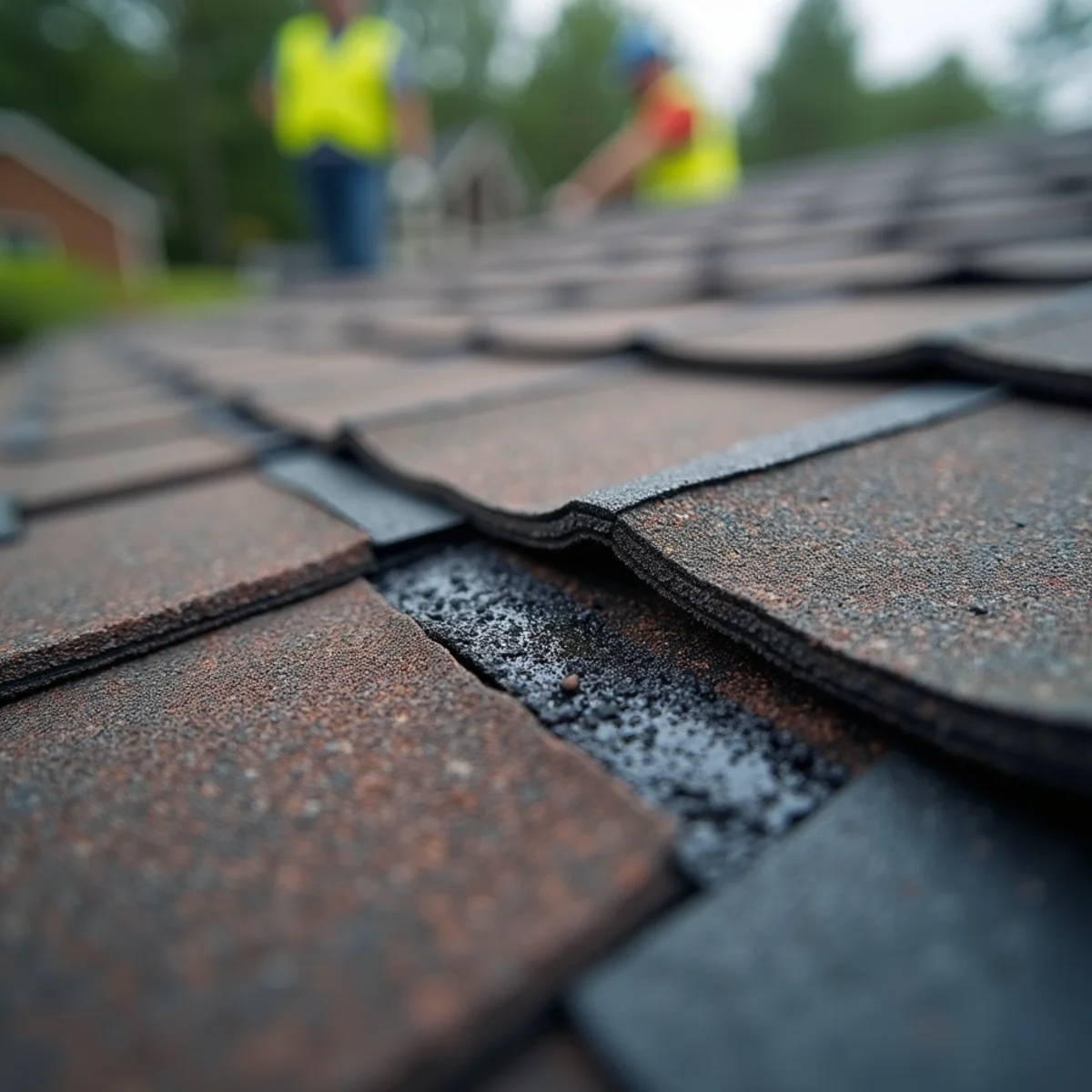 Roof inspector examining wind-creased shingle tabs on storm-damaged roof in Little Rock AR