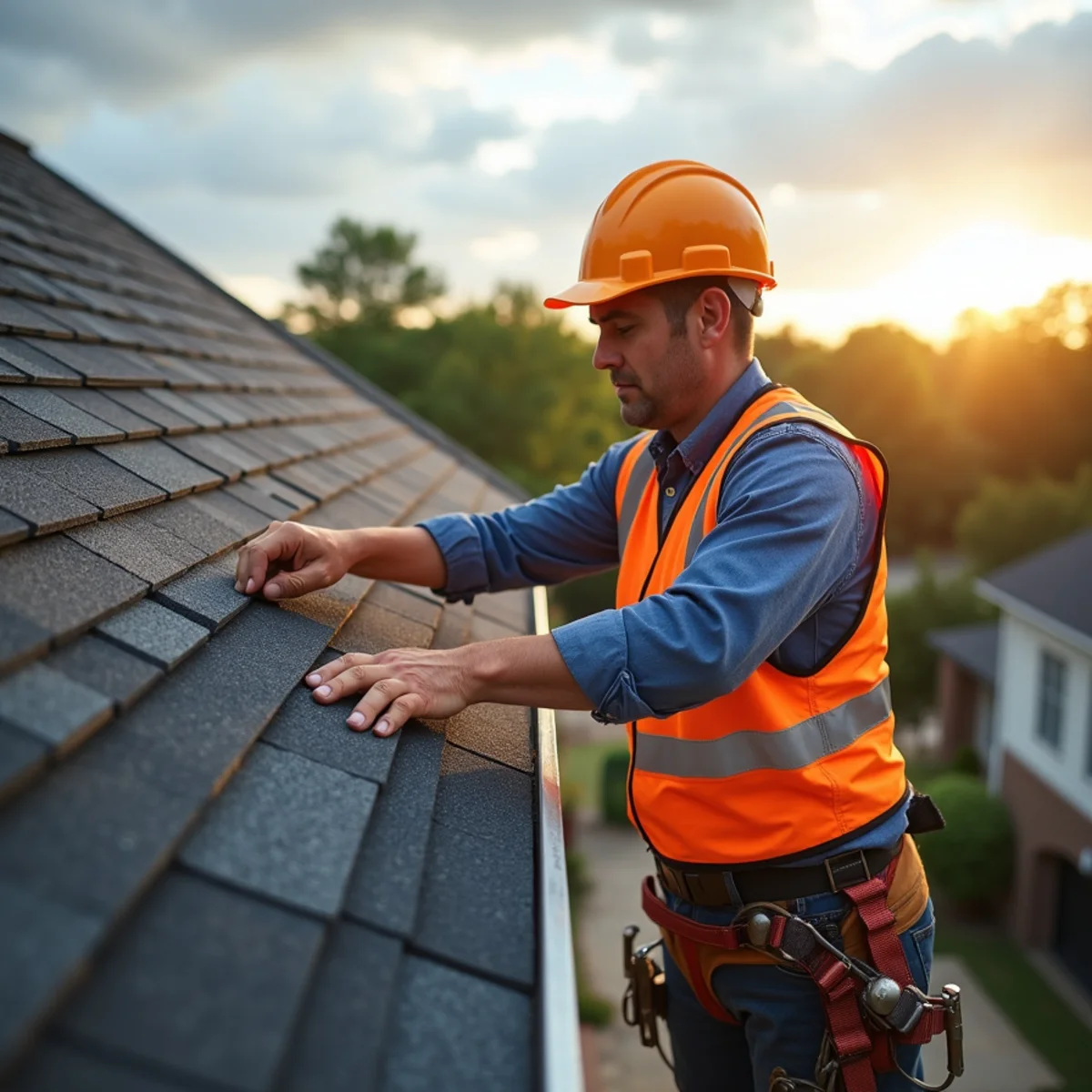Storm damage roof repair crew inspecting torn shingles in Little Rock AR